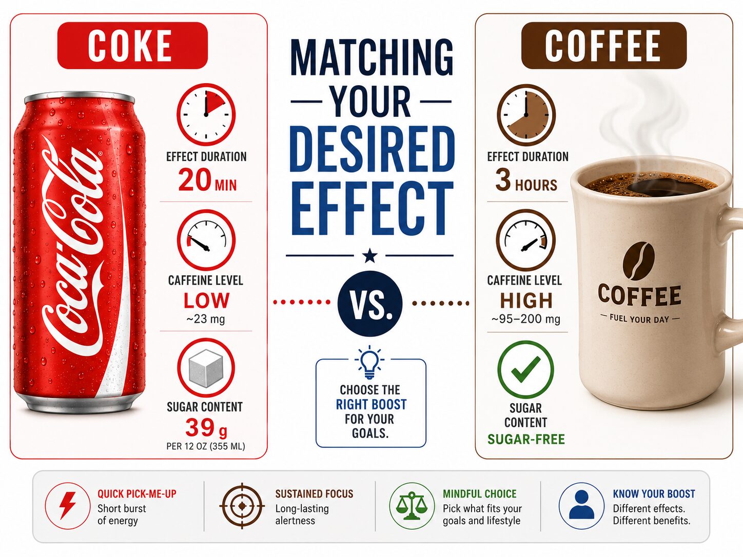 Infographic comparing caffeine effects of Coke versus coffee for different needs