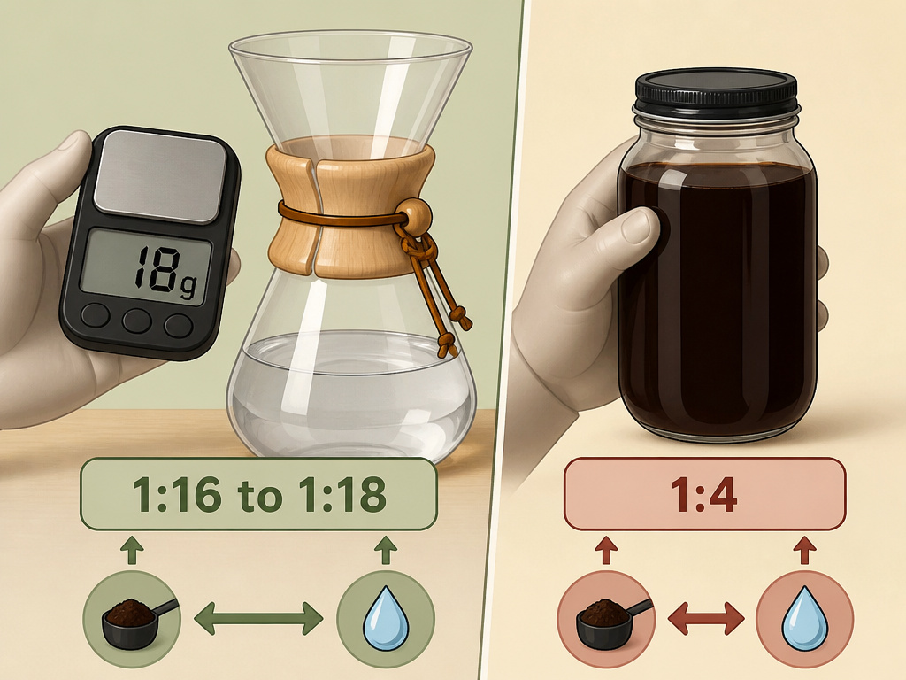 Coffee to water ratio comparison chart for pour-over versus cold brew methods.