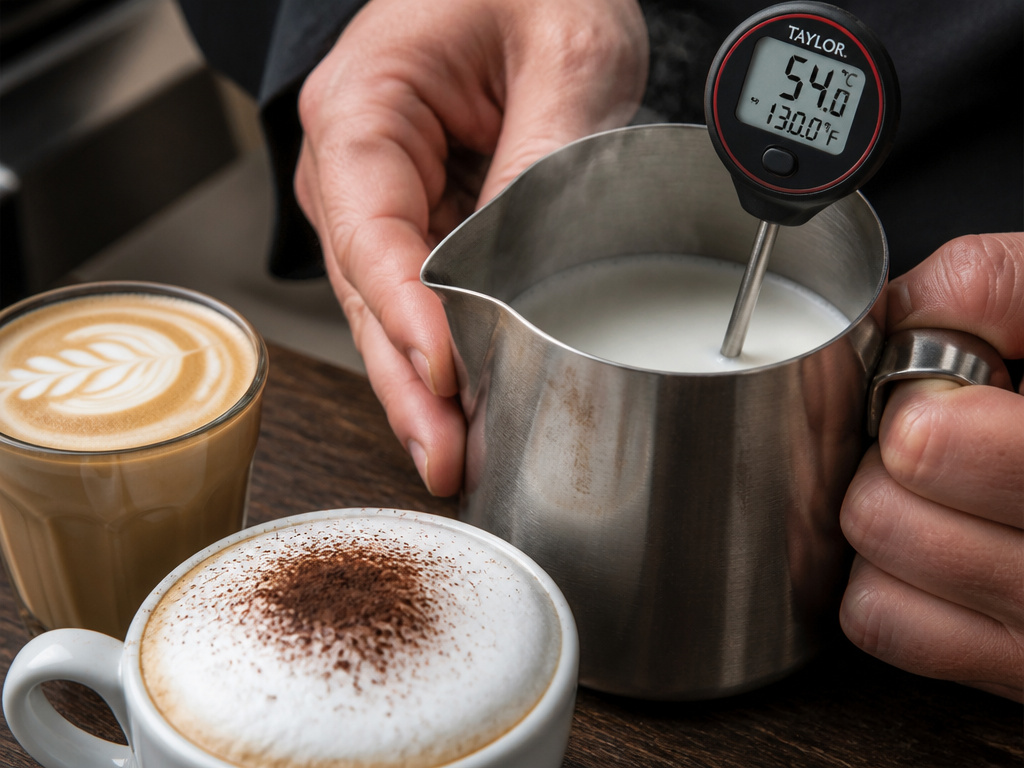 Milk thermometer at 54°C for perfect cappuccino and latte foam texture.