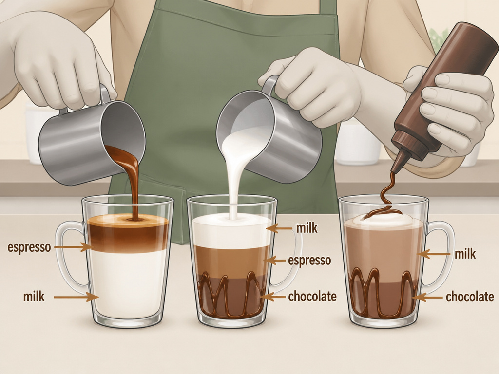 Diagram comparing mocha, latte, and hot chocolate ingredients in a flat illustration.