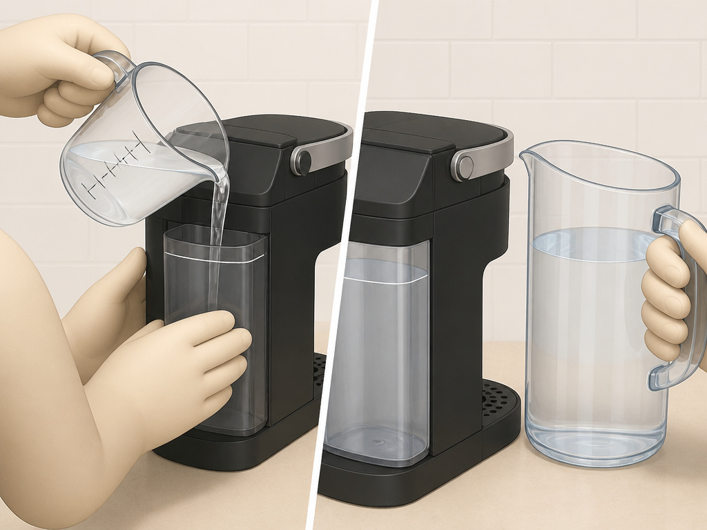 Adding white vinegar to a Keurig K-Mini reservoir for manual descaling.