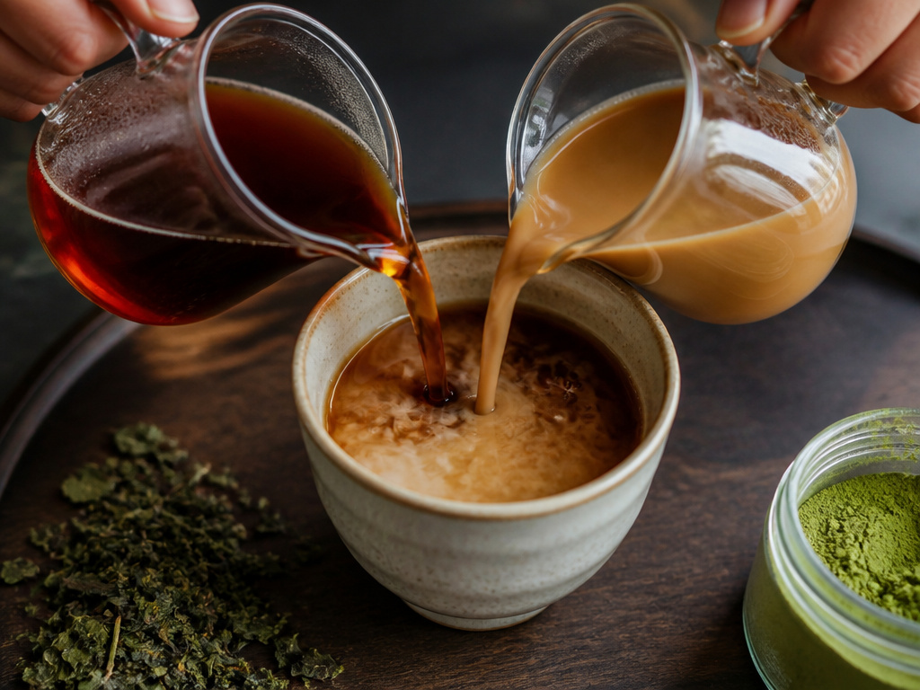 Black tea and coffee mixing in a cup, avoiding green tea for Yuenyeung