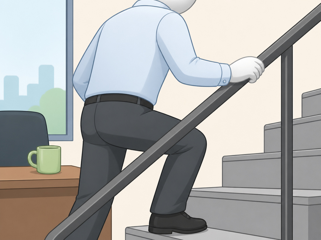 Person walking stairs instead of drinking coffee to stay alert.