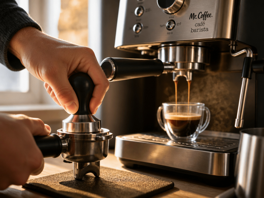 Mr Coffee espresso machine brewing a morning shot with proper tamping technique.