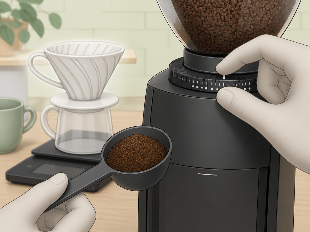 Adjusting coffee grinder to a fine sand consistency for pour-over brew time.