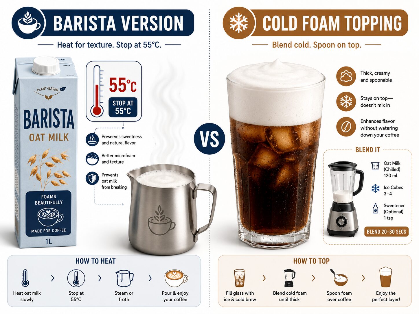 Infographic comparing plant-based milk frothing tips and cold brew frothing workarounds.