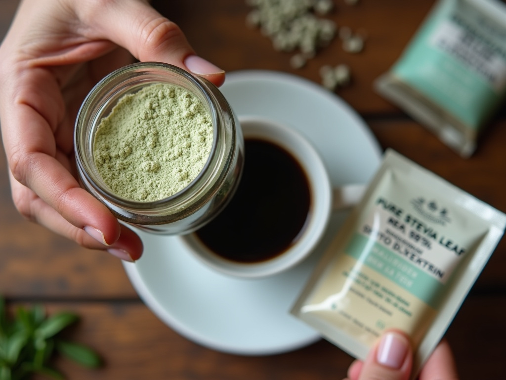 Close-up of checking stevia label for pure extract while sweetening coffee without sugar.