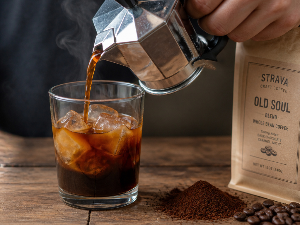 Pouring Moka pot coffee into a glass of cold brew to make a hybrid iced drink.