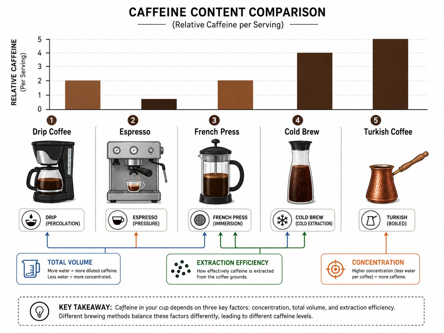 Diagram comparing caffeine levels in pots of drip, espresso, French press, cold brew, and Turkish coffee.