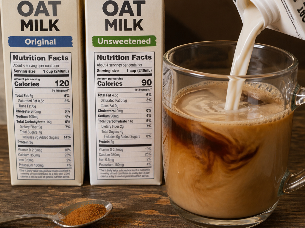 Oat milk being poured into coffee next to original and unsweetened cartons.