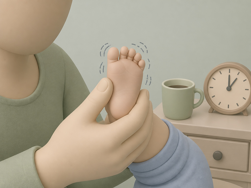 Mother observing baby's foot for jitters after drinking coffee while breastfeeding.