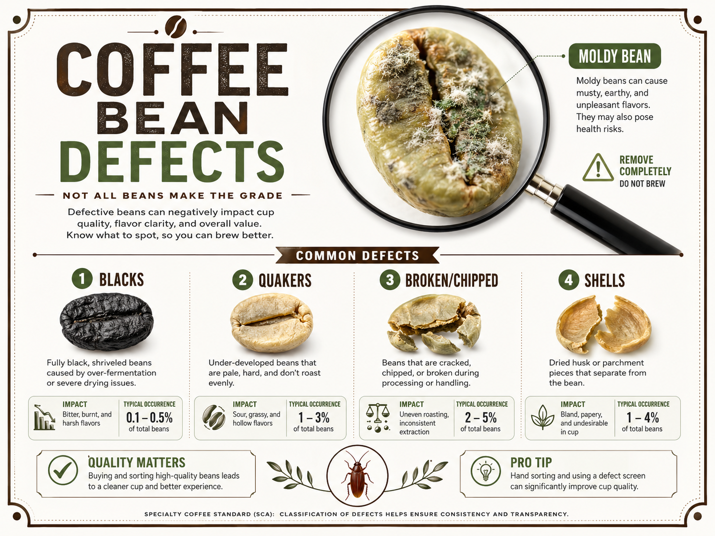 Infographic showing mold and common green coffee bean defects like quakers and shells.