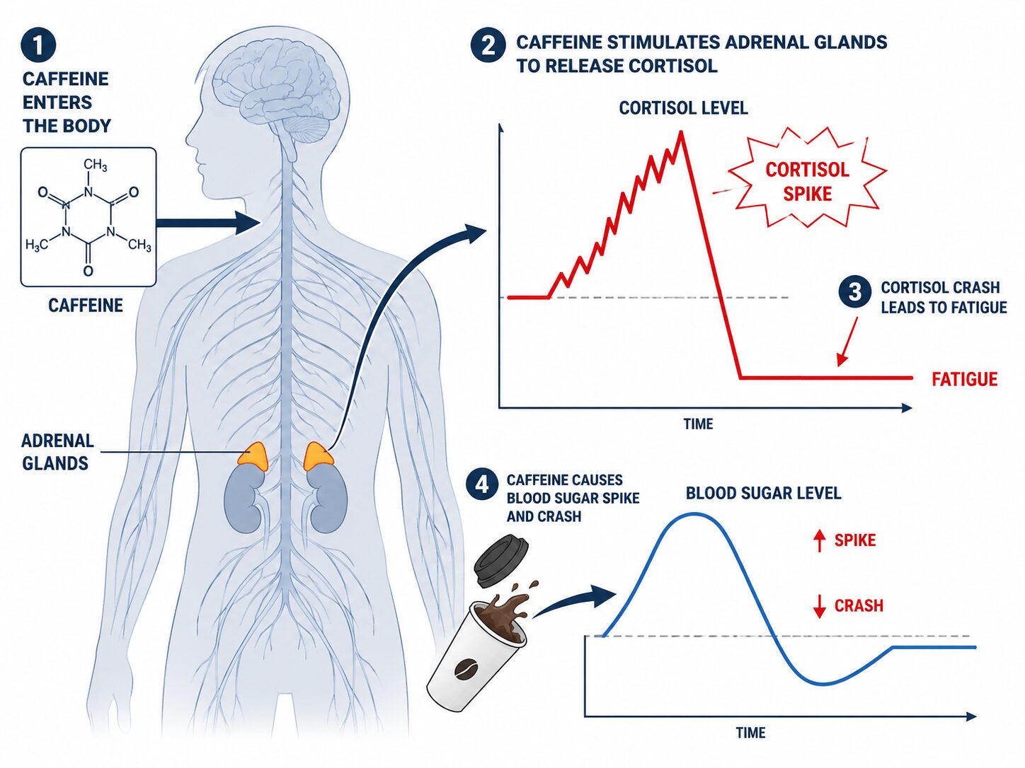 Diagram showing how caffeine spikes cortisol and blood sugar leading to fatigue