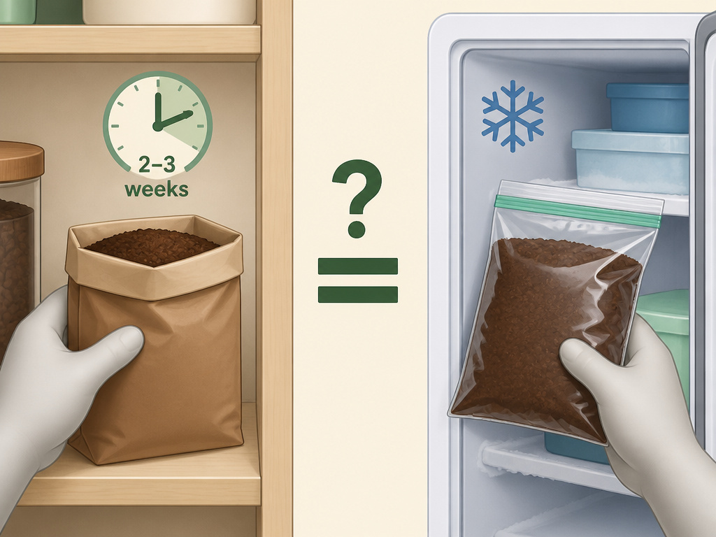 Cartoon diagram comparing pantry versus freezer storage for ground coffee freshness.
