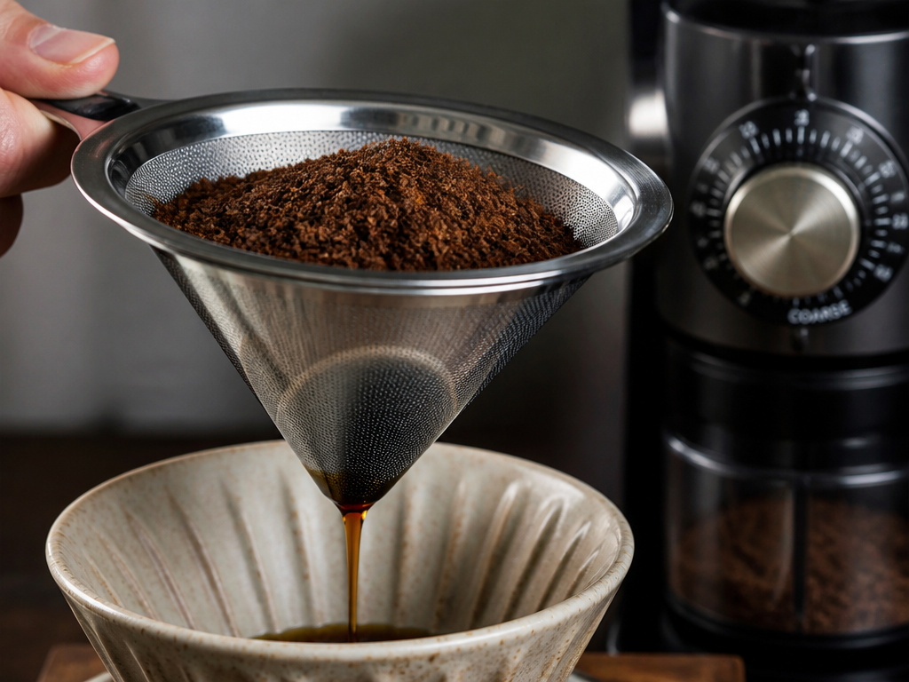 polished stainless steel permanent coffee filter in use for pour-over brewing