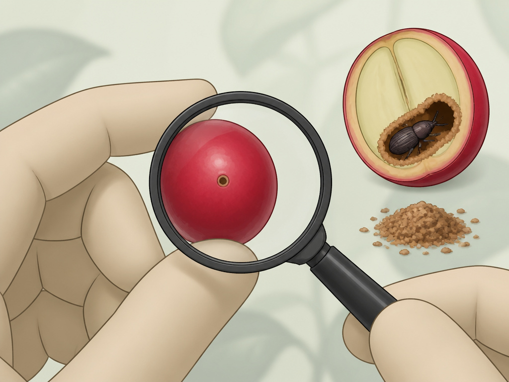 Close-up inspection of a coffee berry borer hole in a red coffee cherry.
