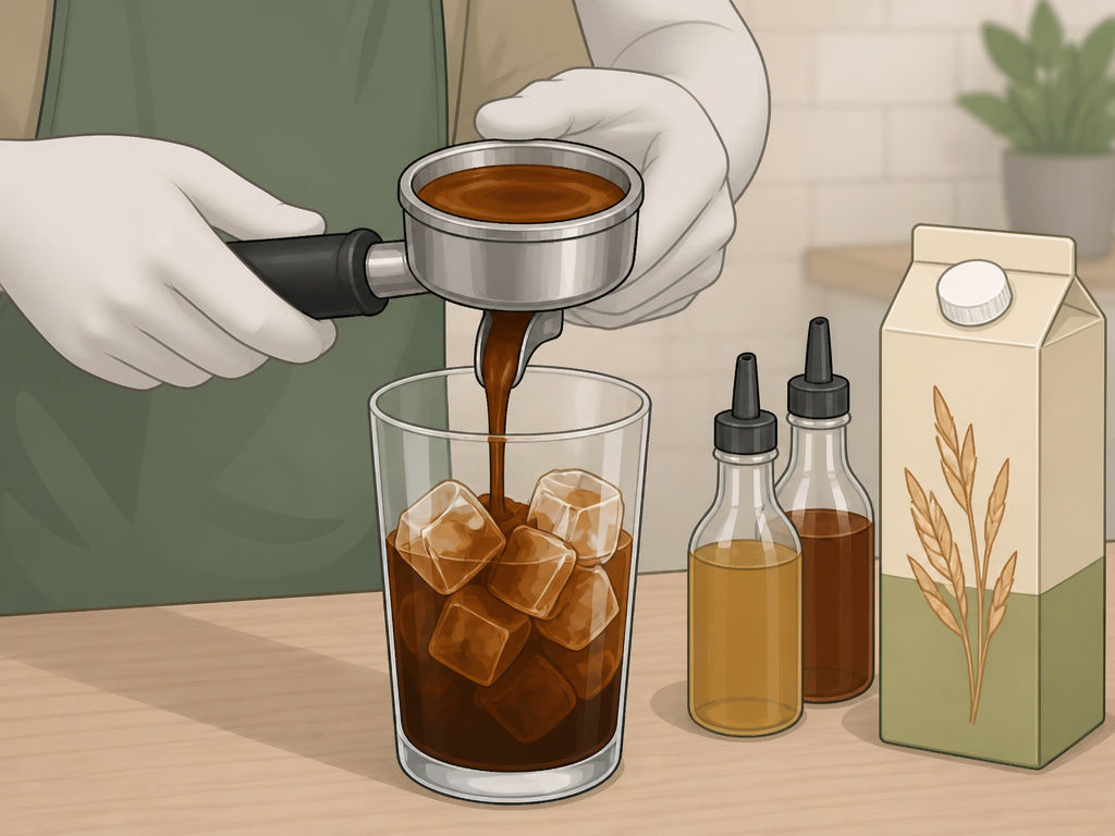 Barista pouring espresso over ice for an iced latte variation.