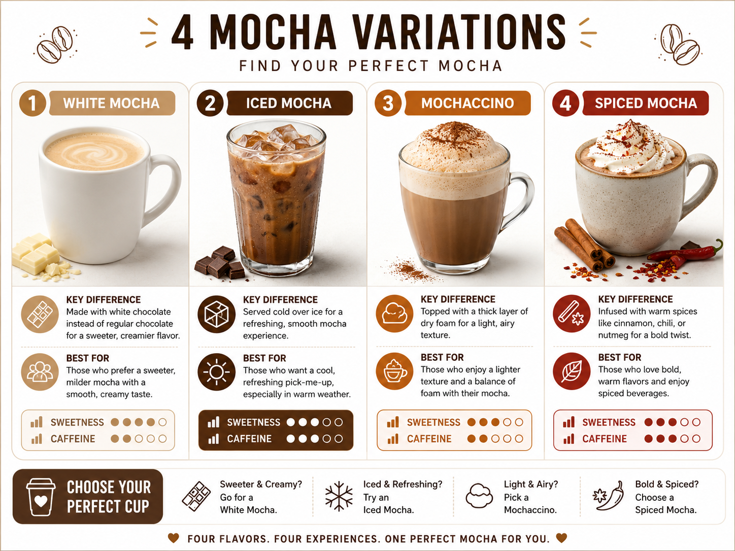 Infographic comparing white, iced, mochaccino, and spiced mocha coffee variations.