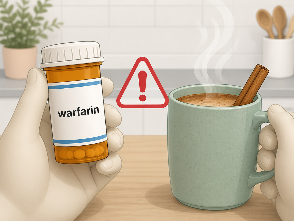 Cinnamon coffee and blood-thinner medication with a caution symbol.