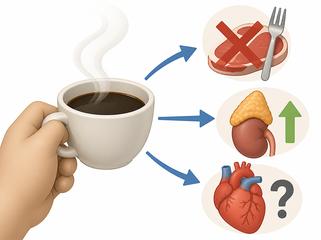 Cartoon diagram of coffee's health considerations on a carnivore diet