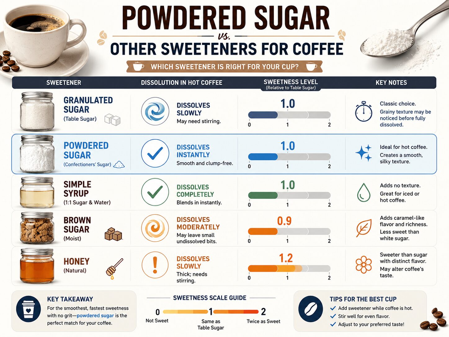 Comparison chart of powdered sugar versus granulated, syrup, brown sugar, and honey for coffee.