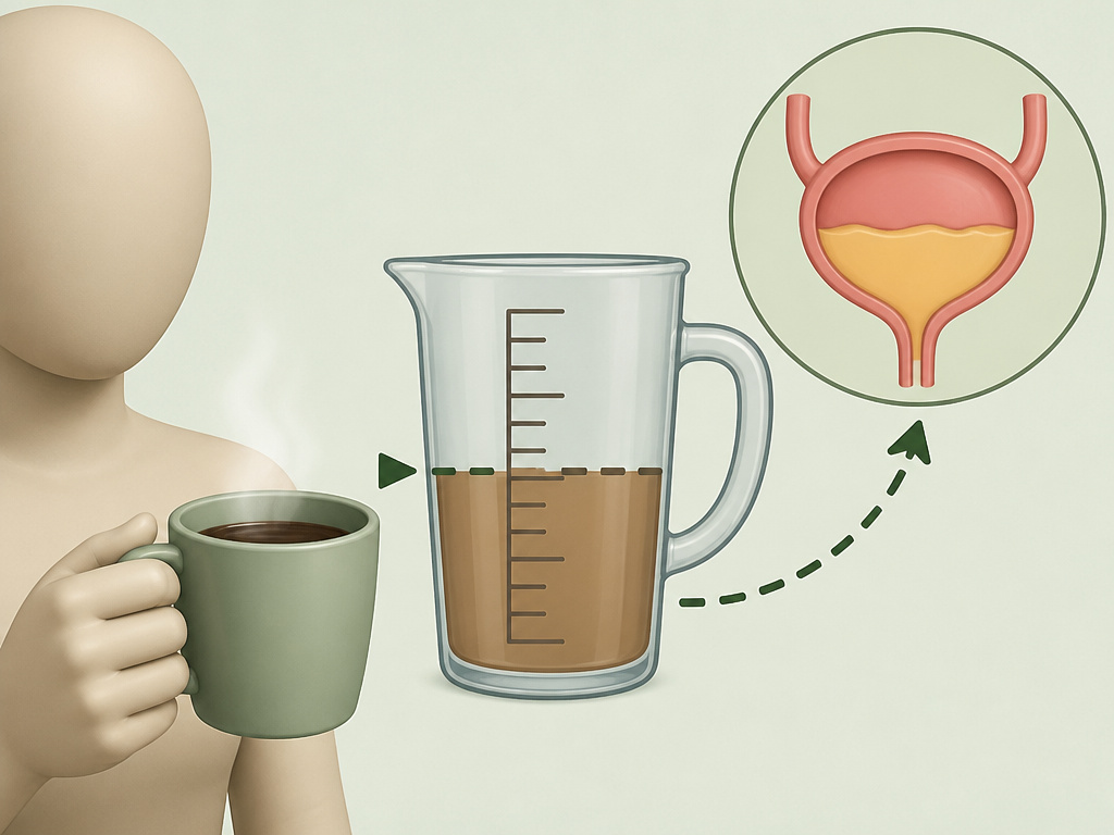 Cartoon diagram showing coffee's diuretic effect and caffeine dose for bathroom trips.