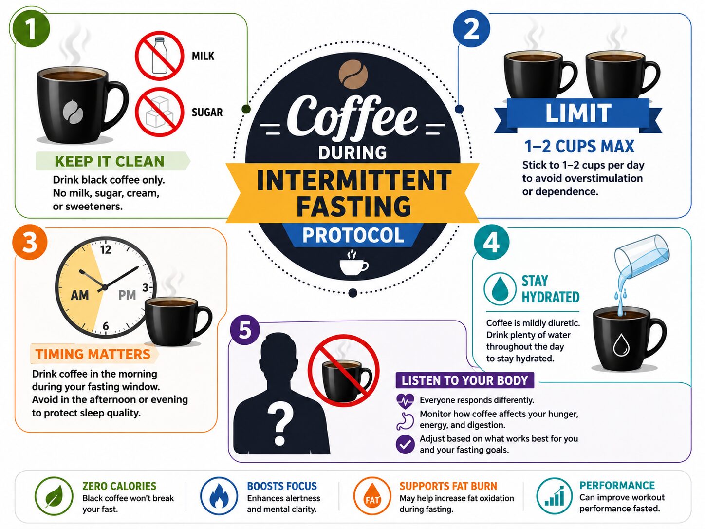 Infographic showing five rules for drinking black coffee while intermittent fasting.