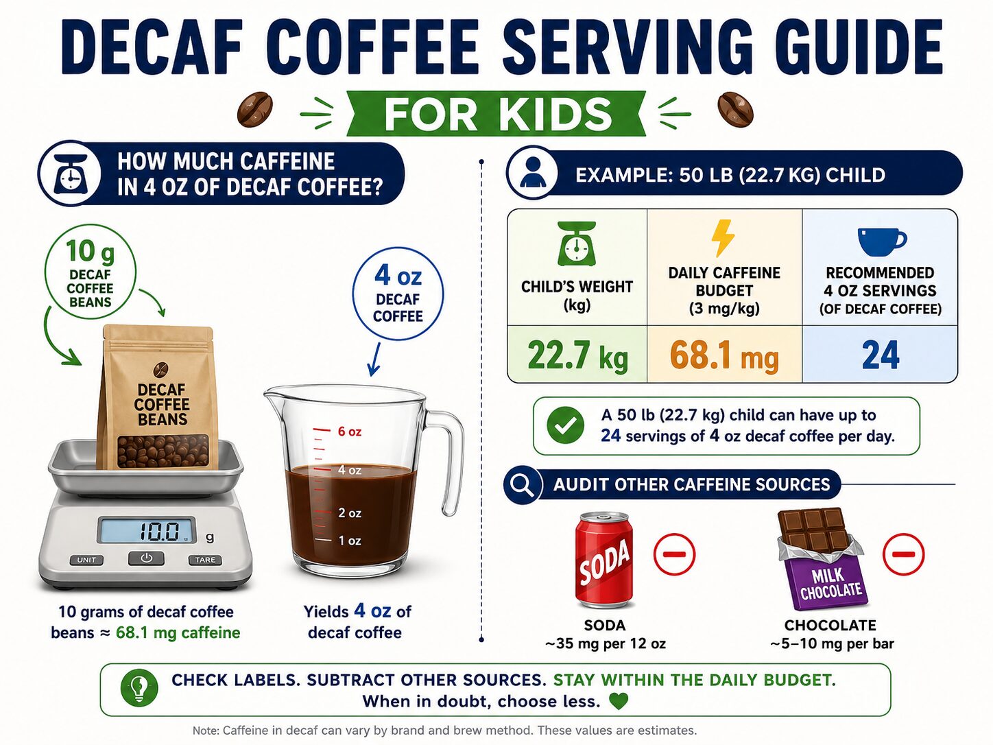 Guide for measuring decaf coffee servings for children based on weight and caffeine.