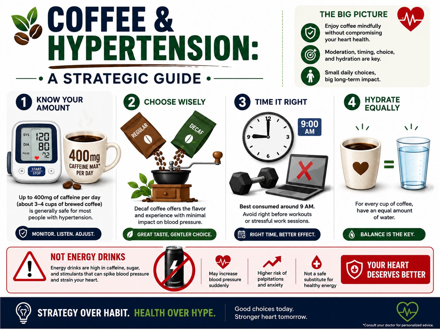Infographic on managing coffee intake with high blood pressure strategically.