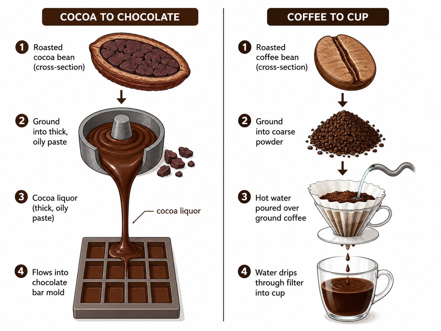 Diagram comparing cocoa bean processing for chocolate versus coffee bean grinding for brewing