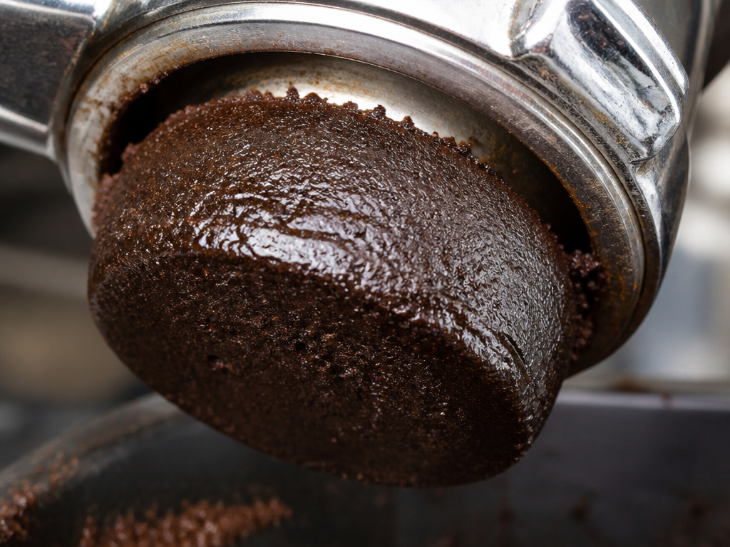 Close-up of a wet, saturated espresso puck after pre-infusion.