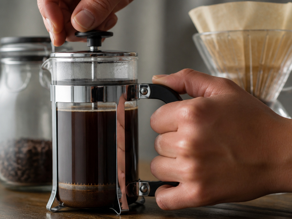 French press cold brew being pressed and filtered to remove silt