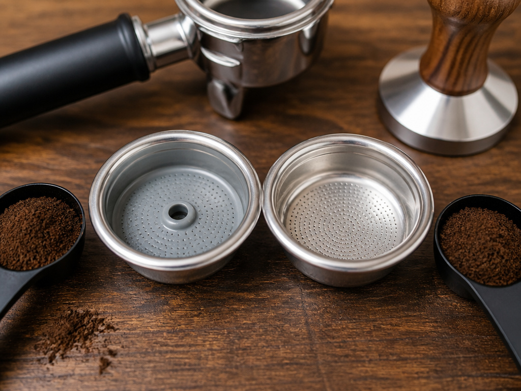 Close-up comparison of pressurized and non-pressurized espresso filter baskets.
