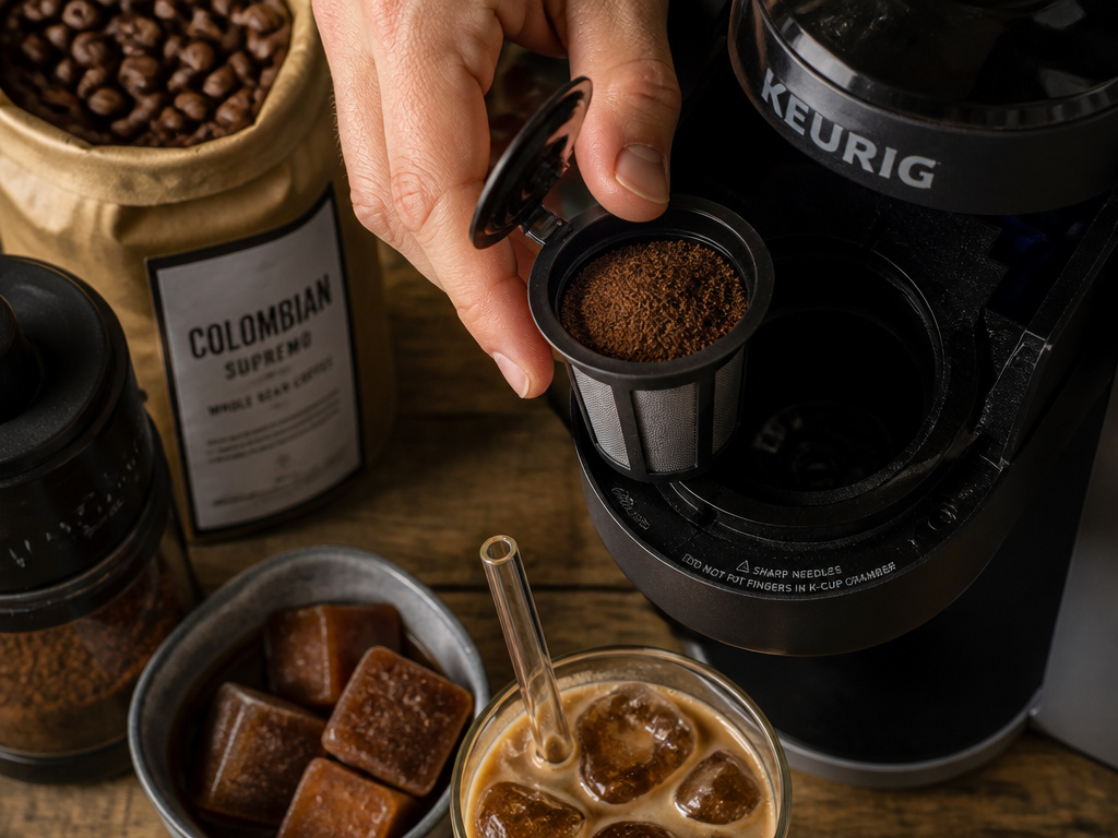 Reusable K-Cup filter with fresh coffee grounds next to a Keurig for iced coffee.