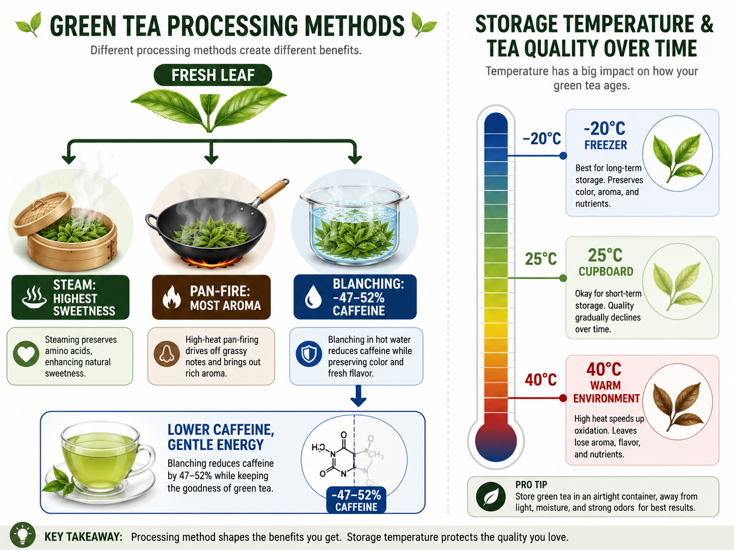 Infographic on green tea processing methods and caffeine content versus storage temperature effects.