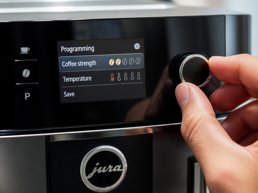 Close-up of hands programming a custom drink on a Jura coffee machine interface.