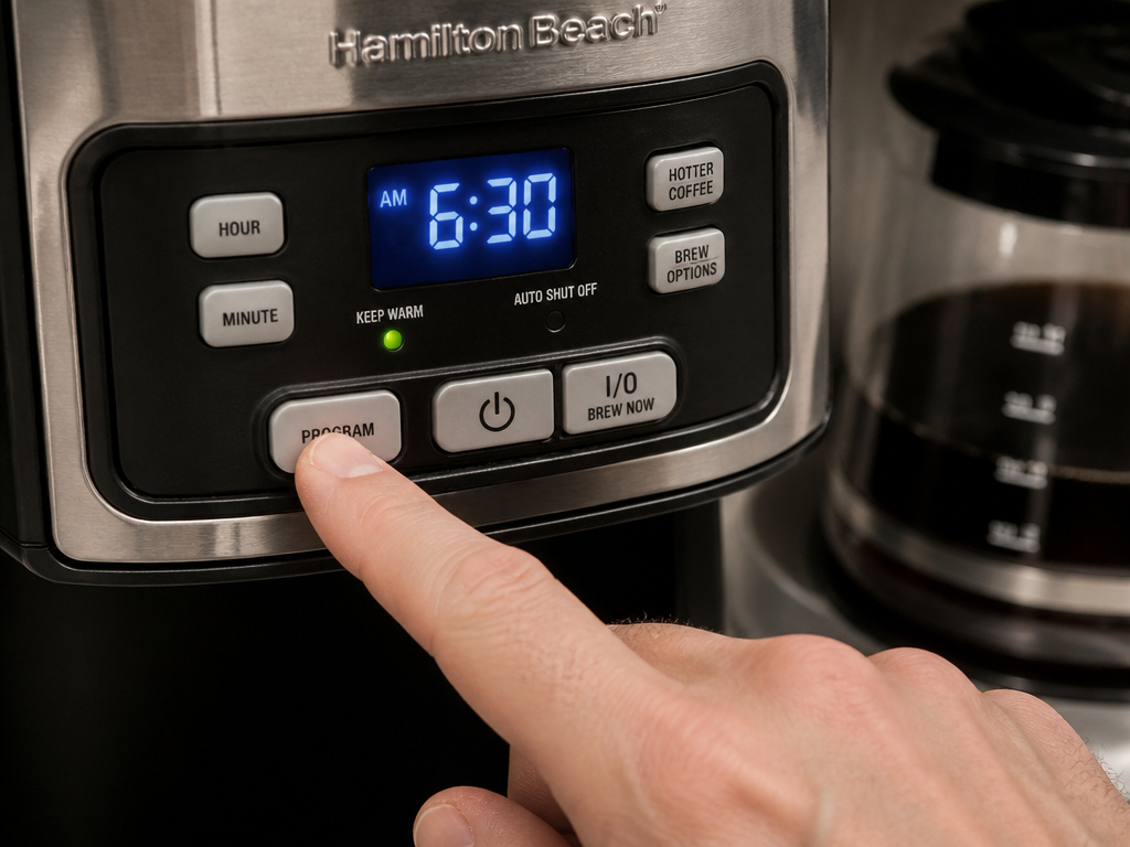 Close-up of programming a Hamilton Beach coffee maker with digital clock and Hotter Coffee button.