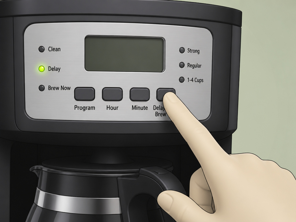 Close-up of hand programming the delay brew function on a Mr. Coffee machine.