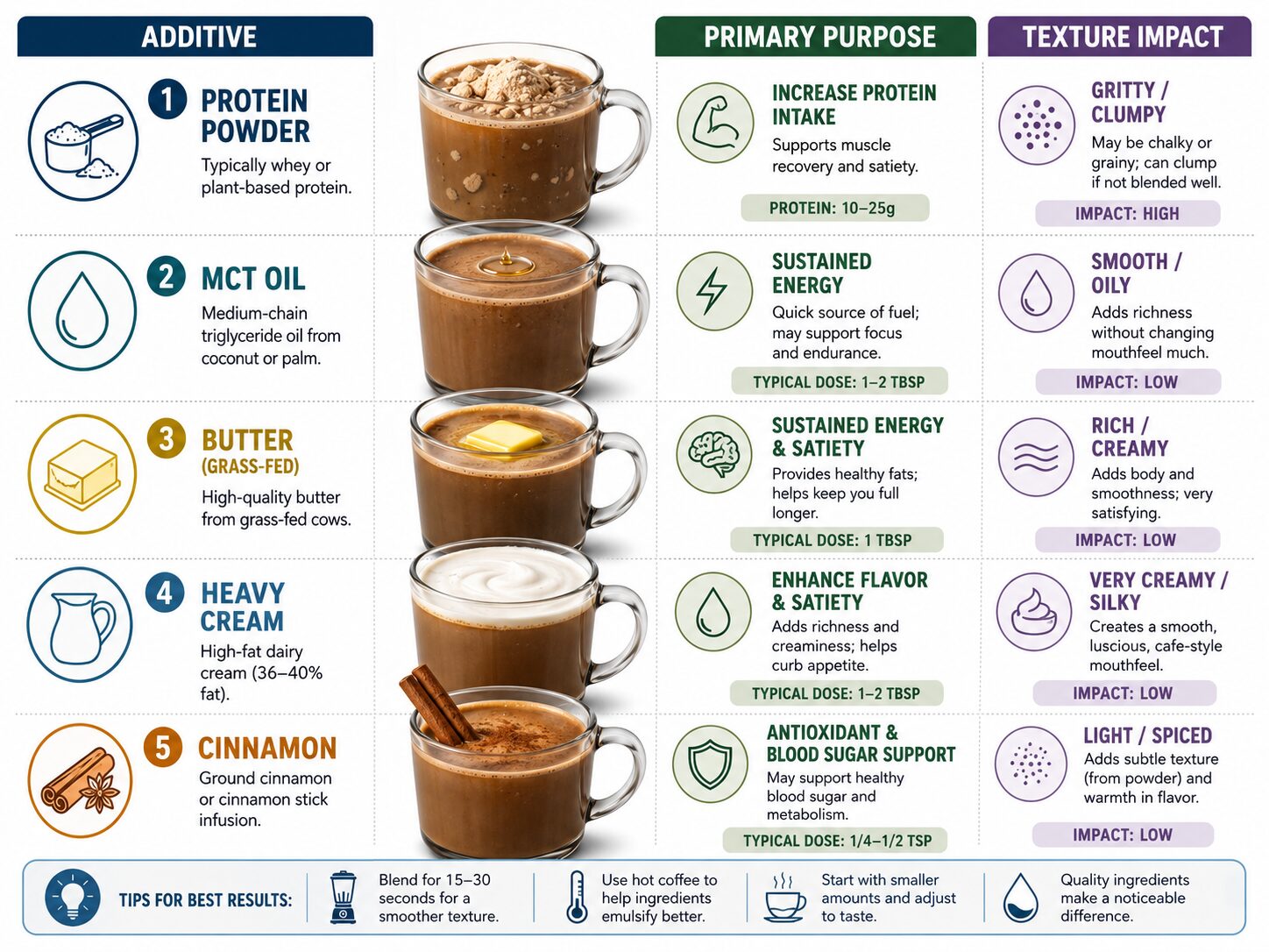 Infographic comparing protein powder, MCT oil, butter, cream, and spices for coffee.