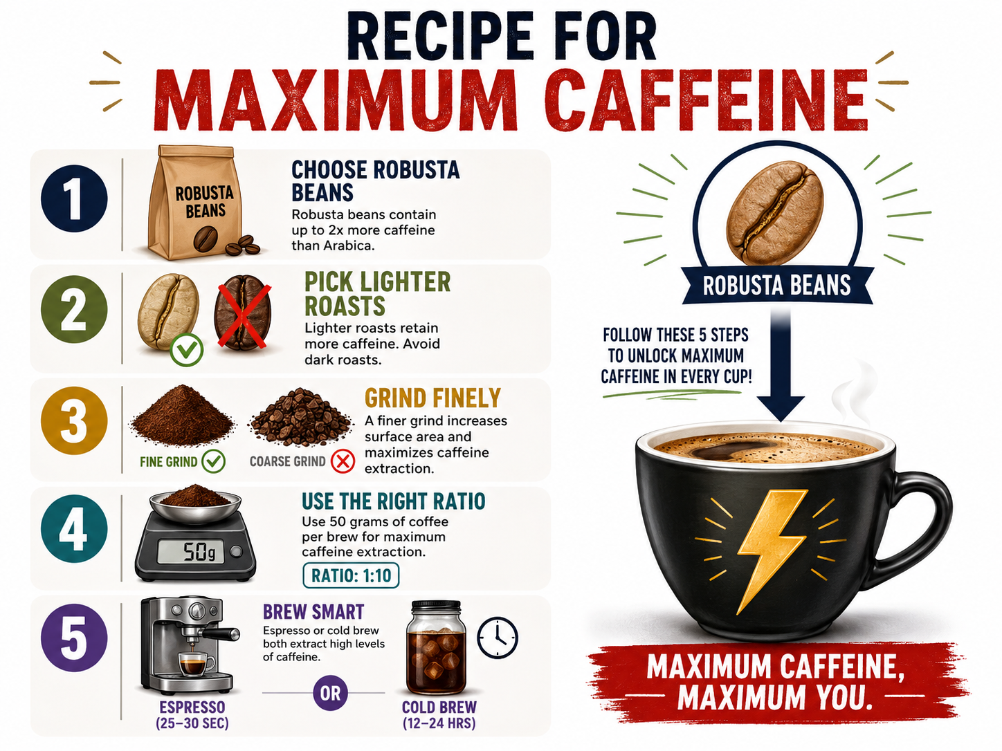 Infographic recipe for strongest coffee using light roast Robusta beans