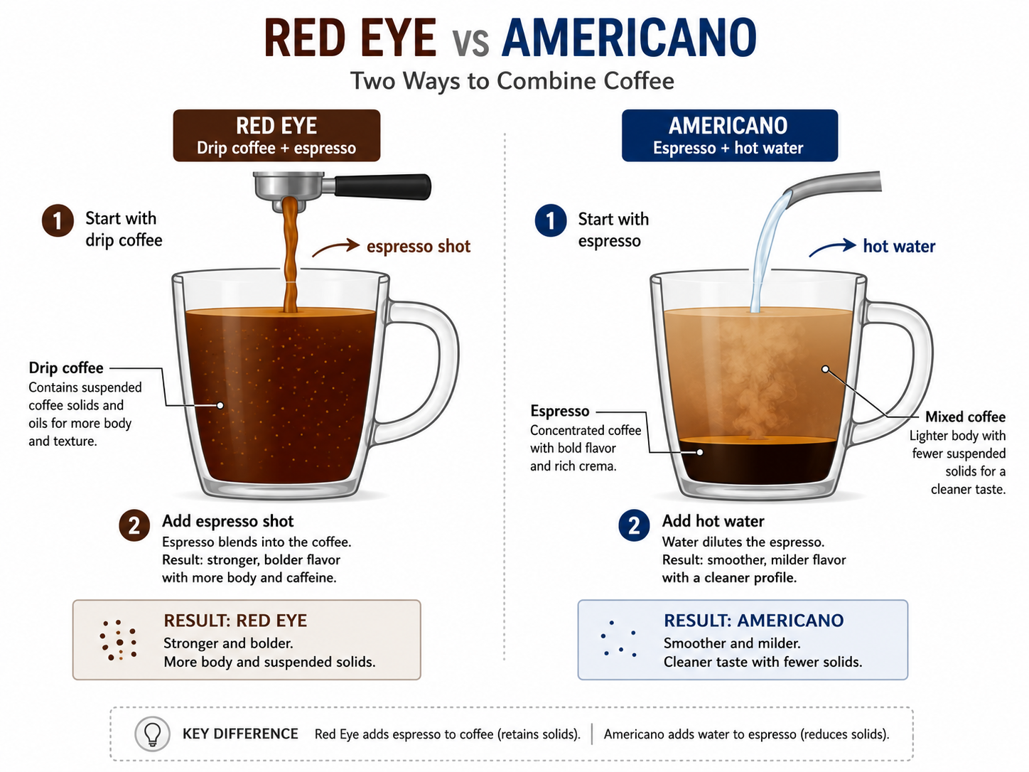 Diagram comparing Red Eye coffee and Americano construction and texture.