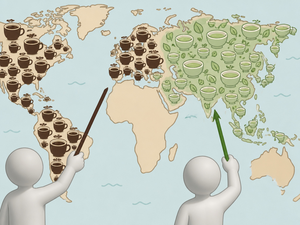 World map comparing regional coffee and tea consumption with icons and labels.