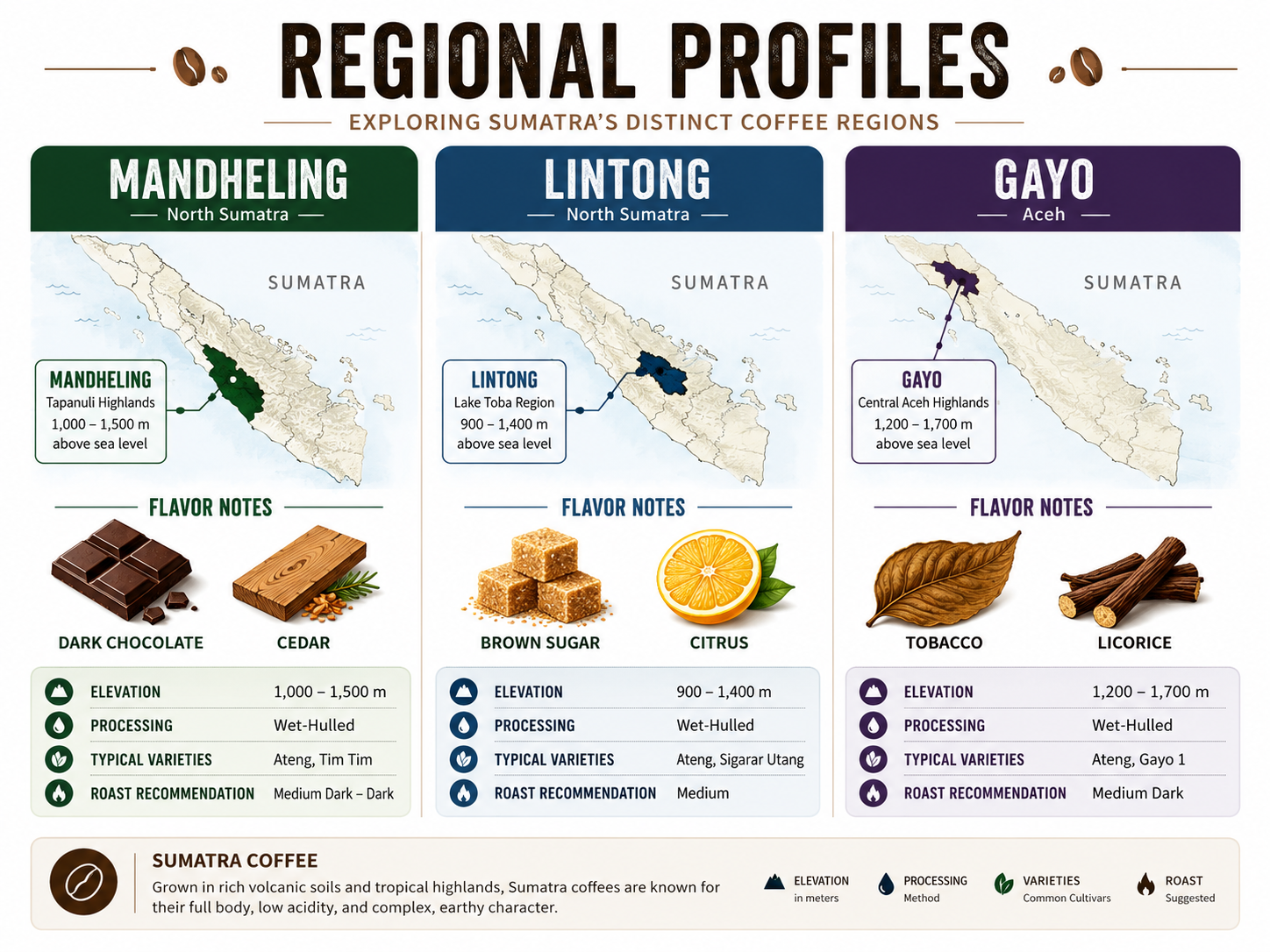 Infographic comparing Mandheling, Lintong, and Gayo Sumatra coffee flavor profiles.