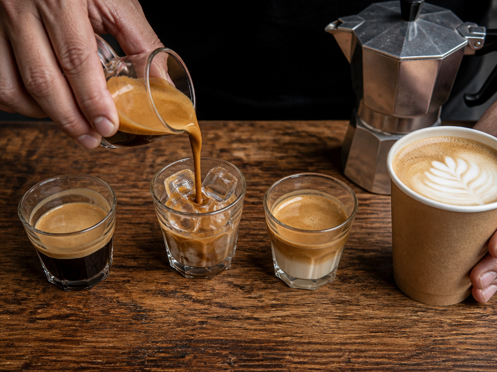 Four regional cortado variations including cortadito, iced, Moka pot, and a latte.