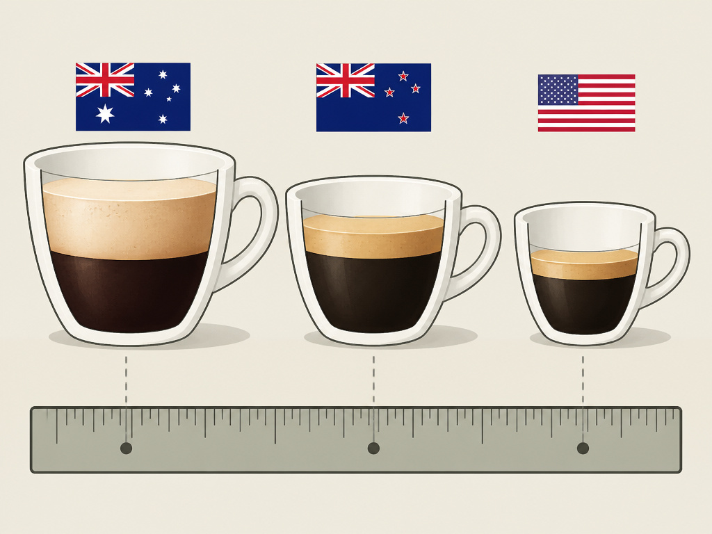 Three flat white coffee cups showing size variations from Australia, New Zealand, and North America.