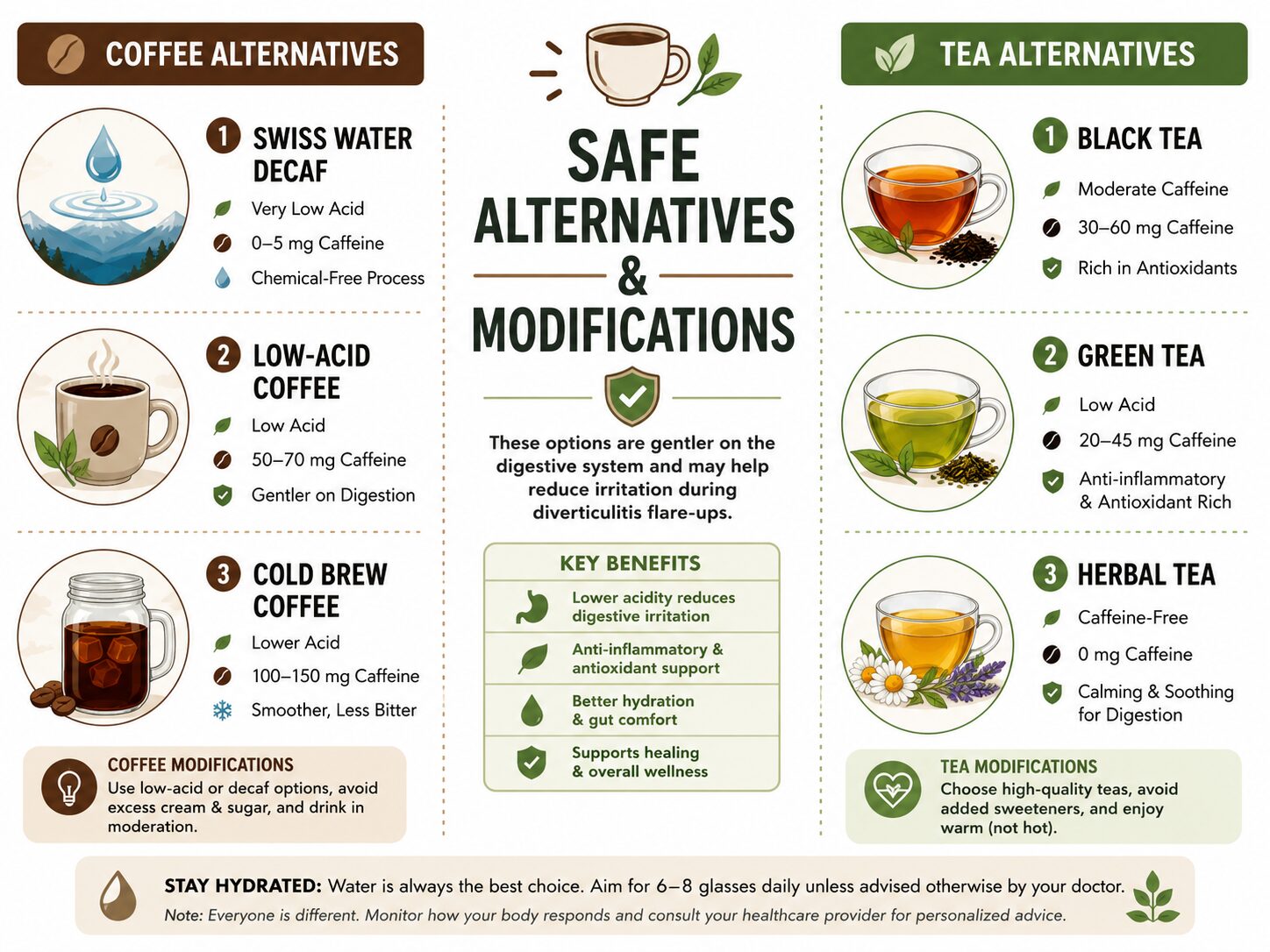 Infographic comparing low-acid and low-caffeine drinks for diverticulitis.