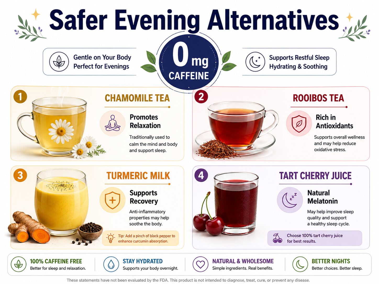 Four zero-caffeine drink alternatives to decaf coffee for nighttime.