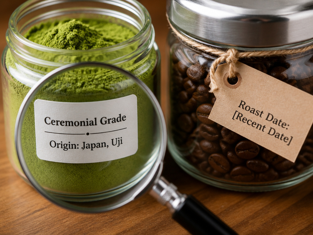 Ceremonial grade matcha from Japan versus fresh roasted coffee beans comparison.