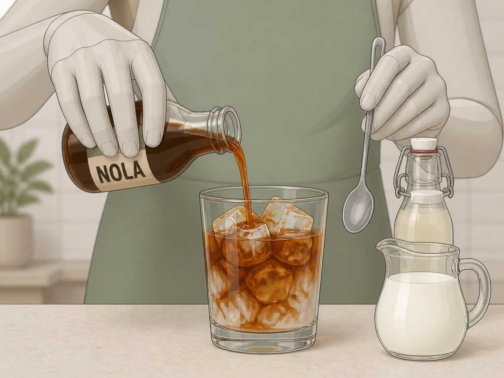 Hands preparing a customized glass of New Orleans-style iced coffee with chicory.