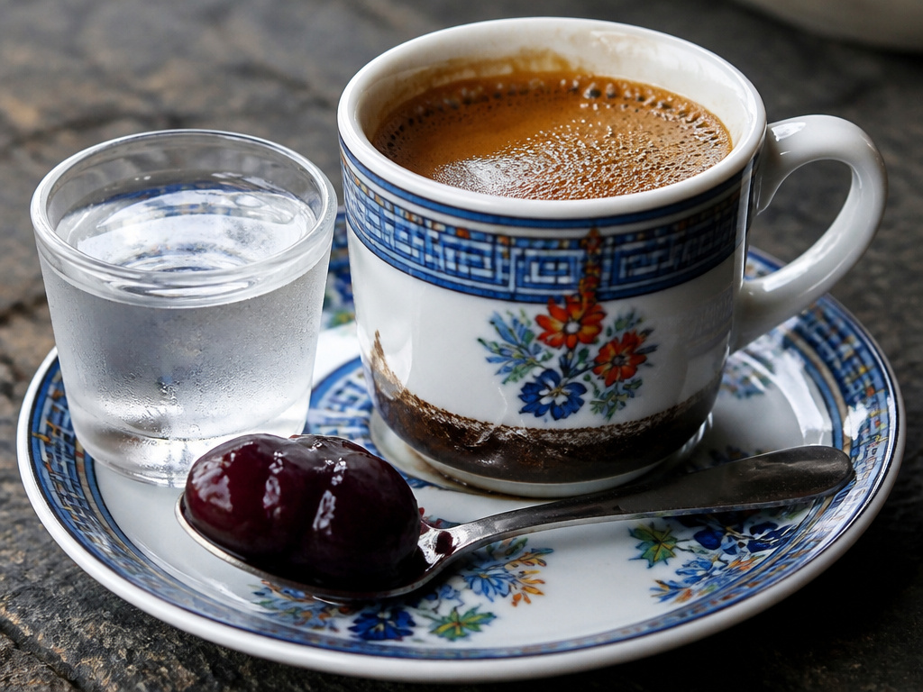 Greek coffee served with cold water and cherry preserve on a saucer.